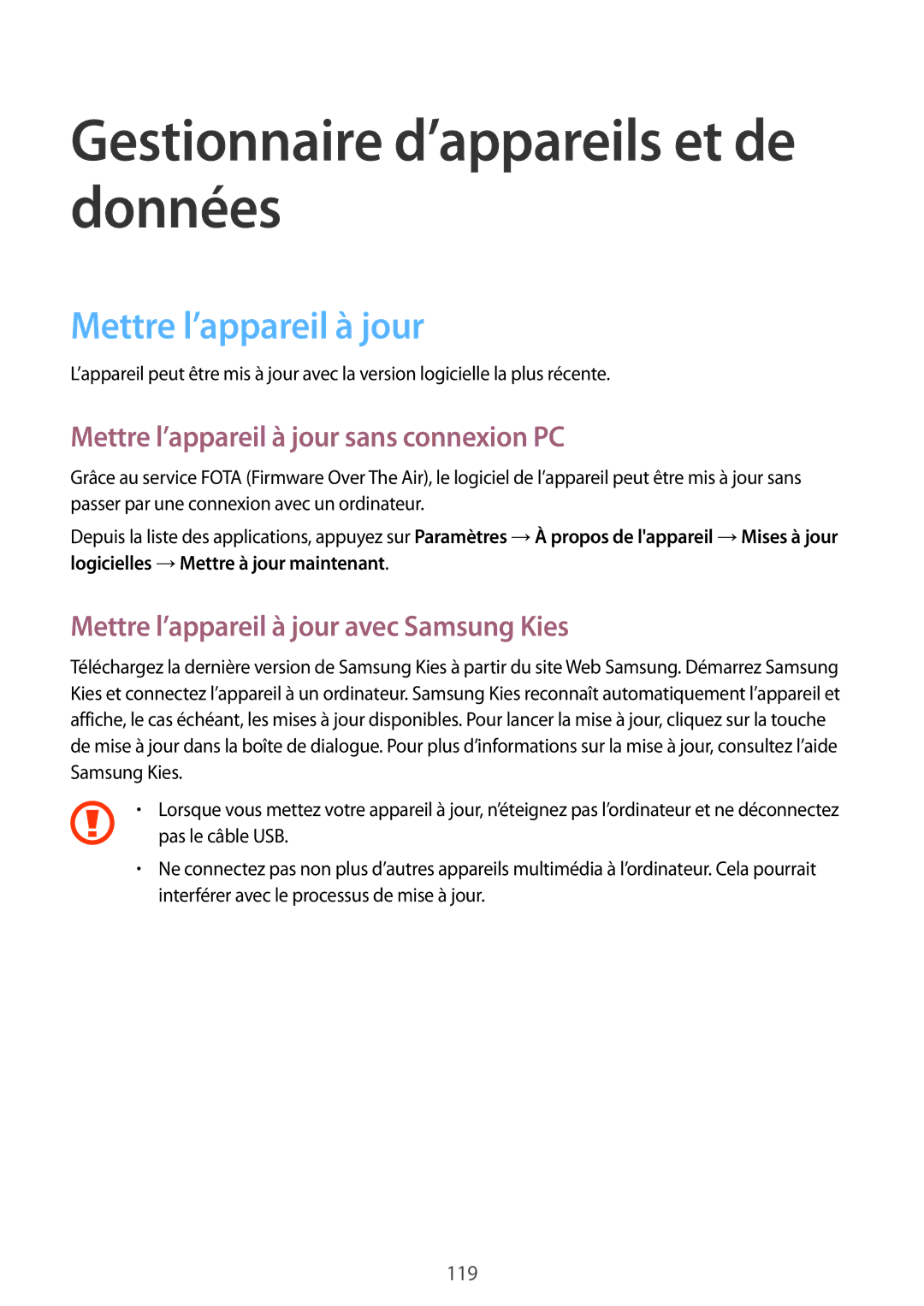 Samsung SM-G870FDGAFTM manual Gestionnaire d’appareils et de données, Mettre l’appareil à jour 