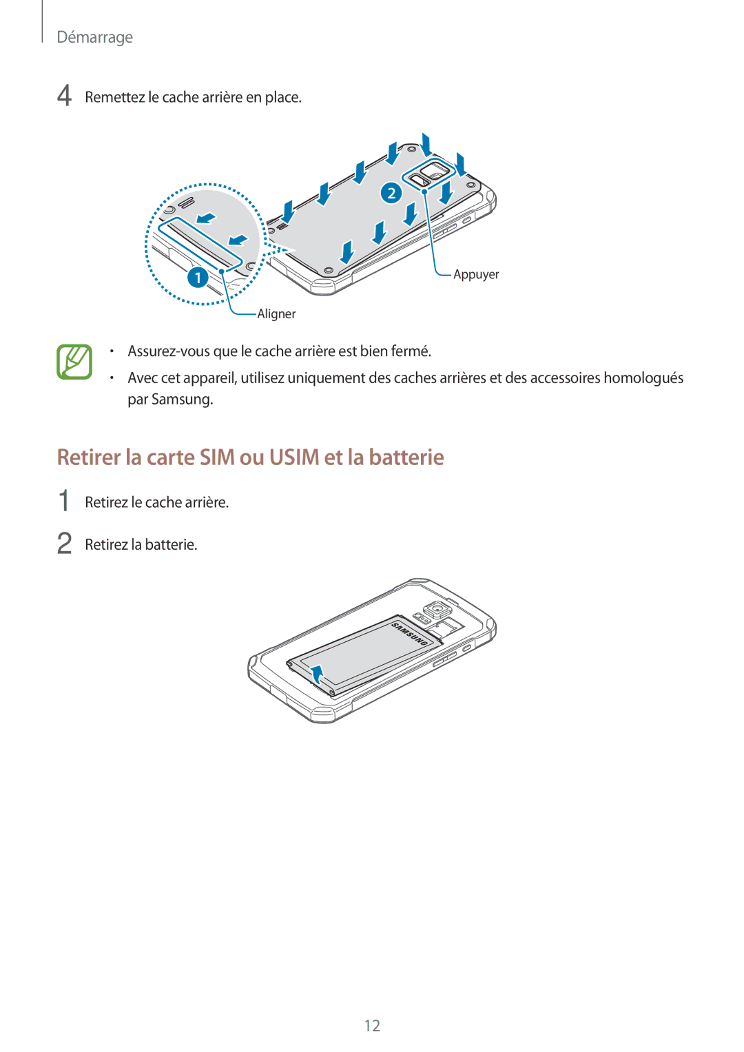 Samsung SM-G870FDGAFTM manual Retirer la carte SIM ou Usim et la batterie 