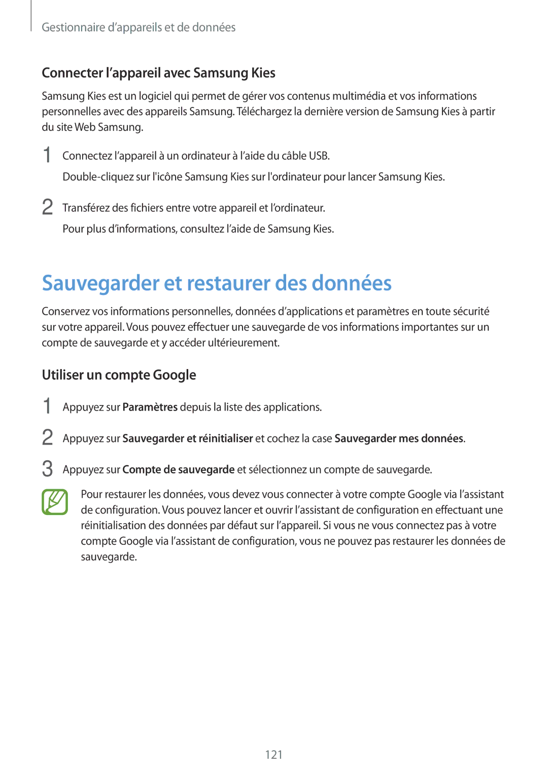 Samsung SM-G870FDGAFTM manual Sauvegarder et restaurer des données, Connecter l’appareil avec Samsung Kies 