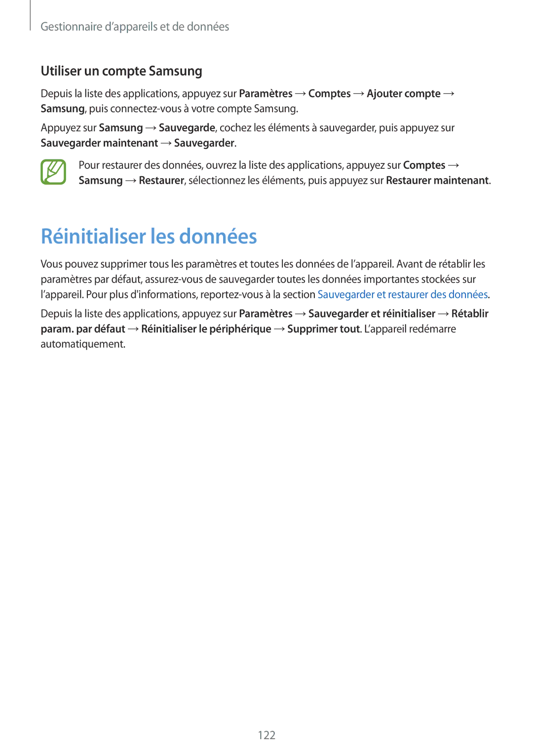 Samsung SM-G870FDGAFTM manual Réinitialiser les données, Utiliser un compte Samsung 