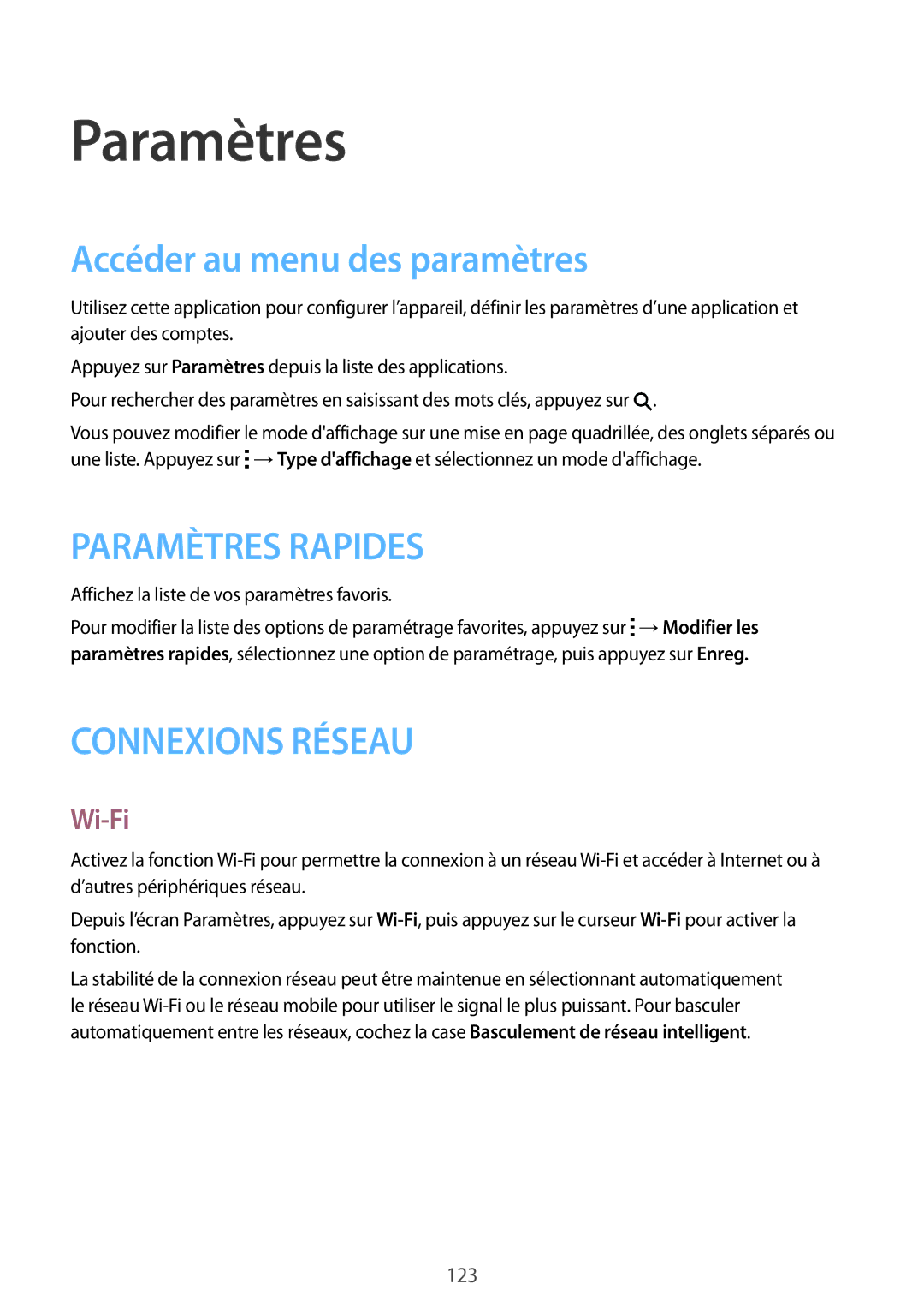 Samsung SM-G870FDGAFTM manual Paramètres, Accéder au menu des paramètres, Wi-Fi 