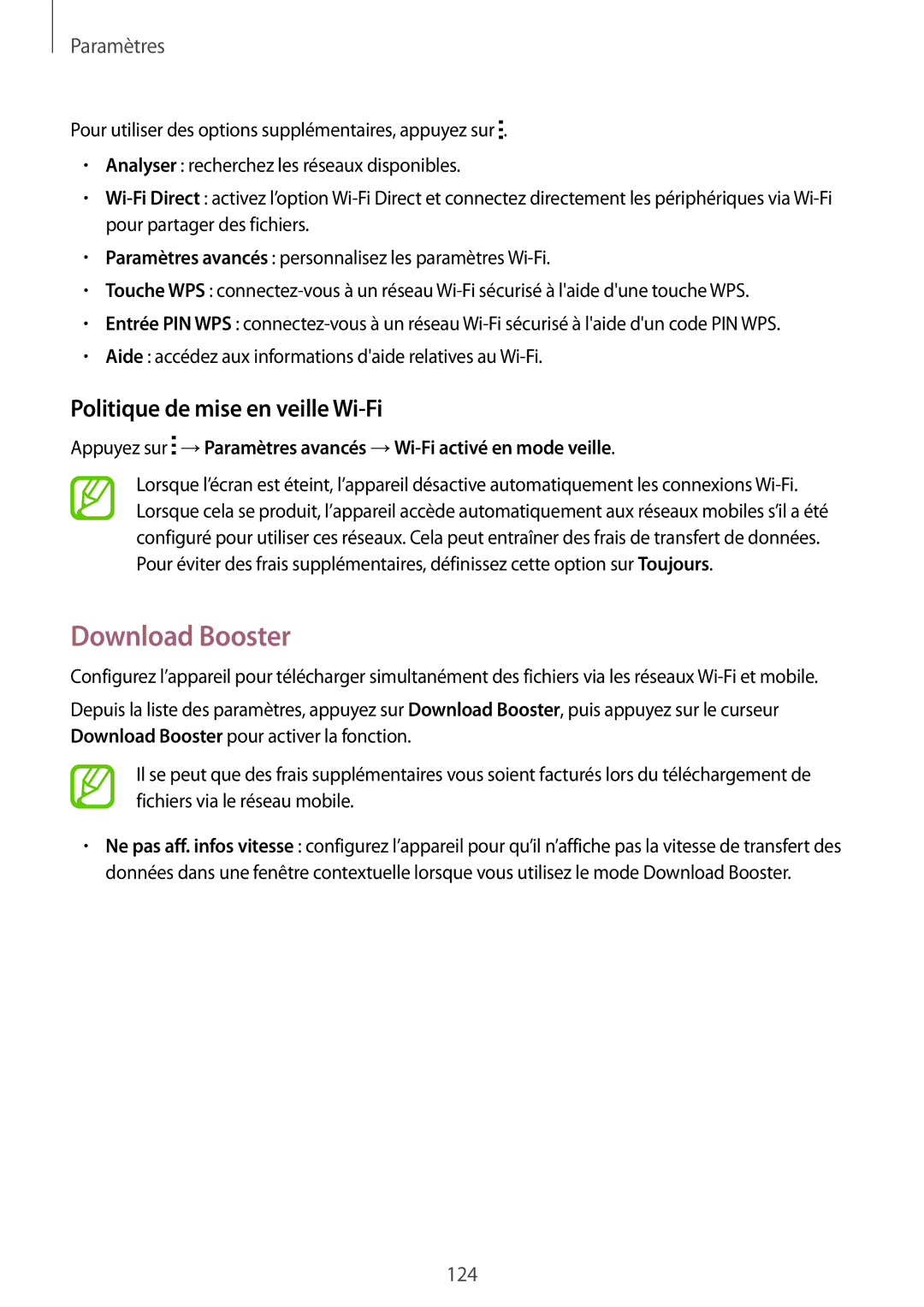 Samsung SM-G870FDGAFTM manual Download Booster, Politique de mise en veille Wi-Fi 