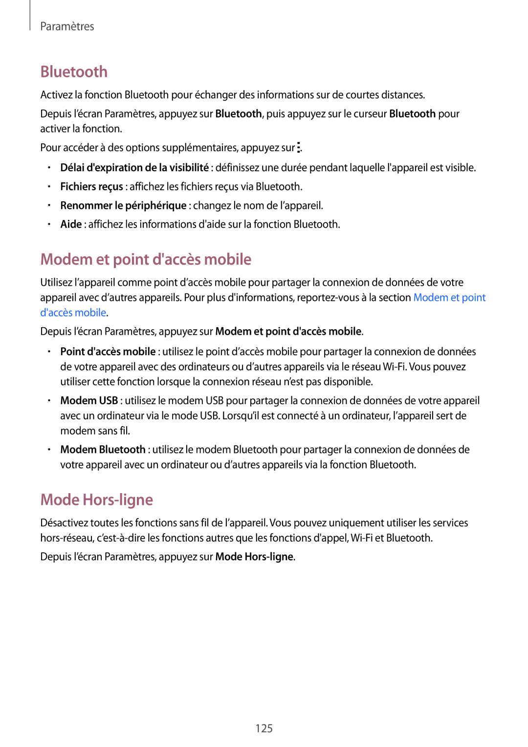 Samsung SM-G870FDGAFTM manual Bluetooth, Modem et point daccès mobile, Mode Hors-ligne 