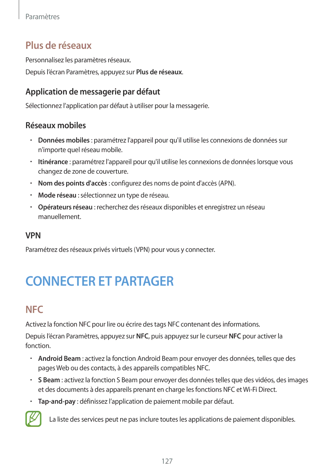 Samsung SM-G870FDGAFTM manual Plus de réseaux, Application de messagerie par défaut, Réseaux mobiles 