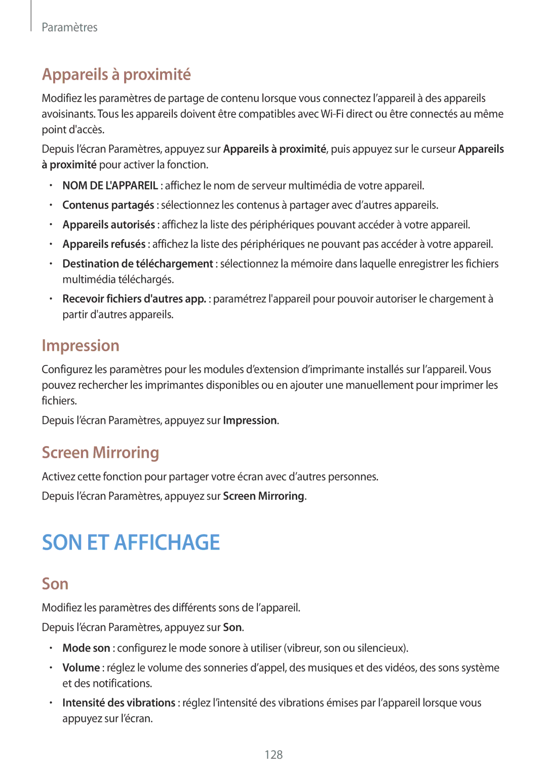 Samsung SM-G870FDGAFTM manual Appareils à proximité, Impression, Screen Mirroring, Son 
