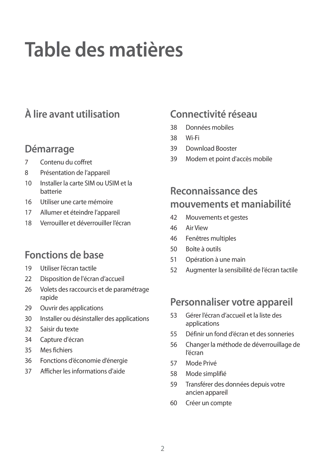 Samsung SM-G870FDGAFTM manual Table des matières, Lire avant utilisation Démarrage 