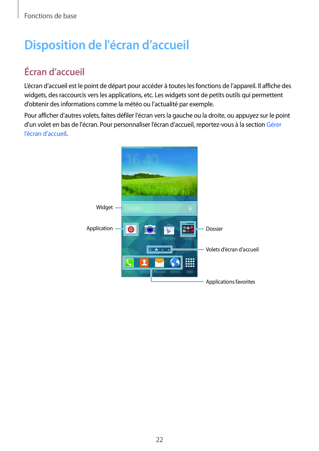 Samsung SM-G870FDGAFTM manual Disposition de lécran d’accueil, Écran d’accueil 