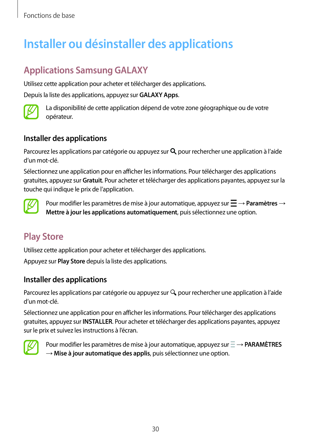 Samsung SM-G870FDGAFTM manual Installer ou désinstaller des applications, Applications Samsung Galaxy, Play Store 