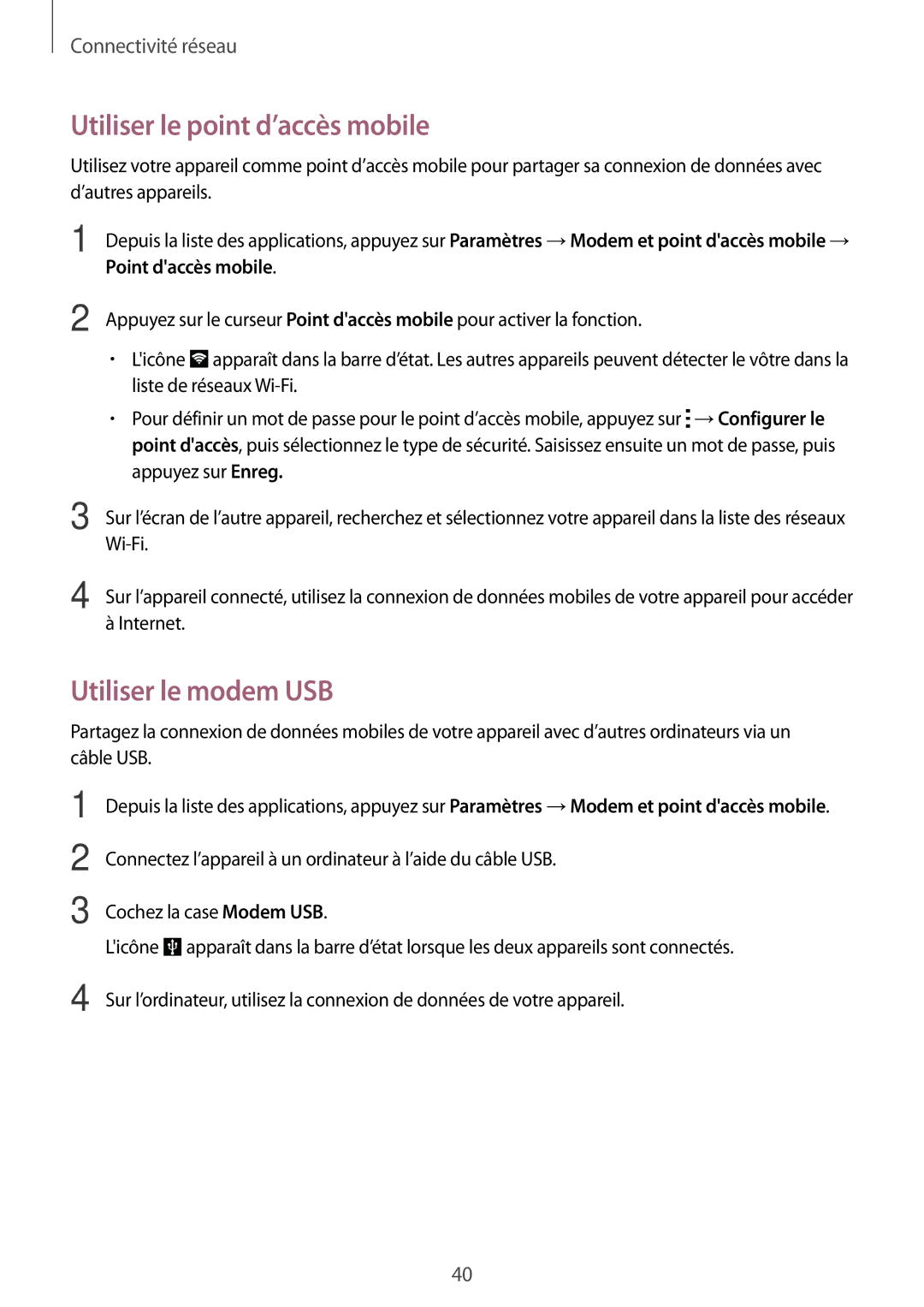 Samsung SM-G870FDGAFTM manual Utiliser le point d’accès mobile, Utiliser le modem USB 