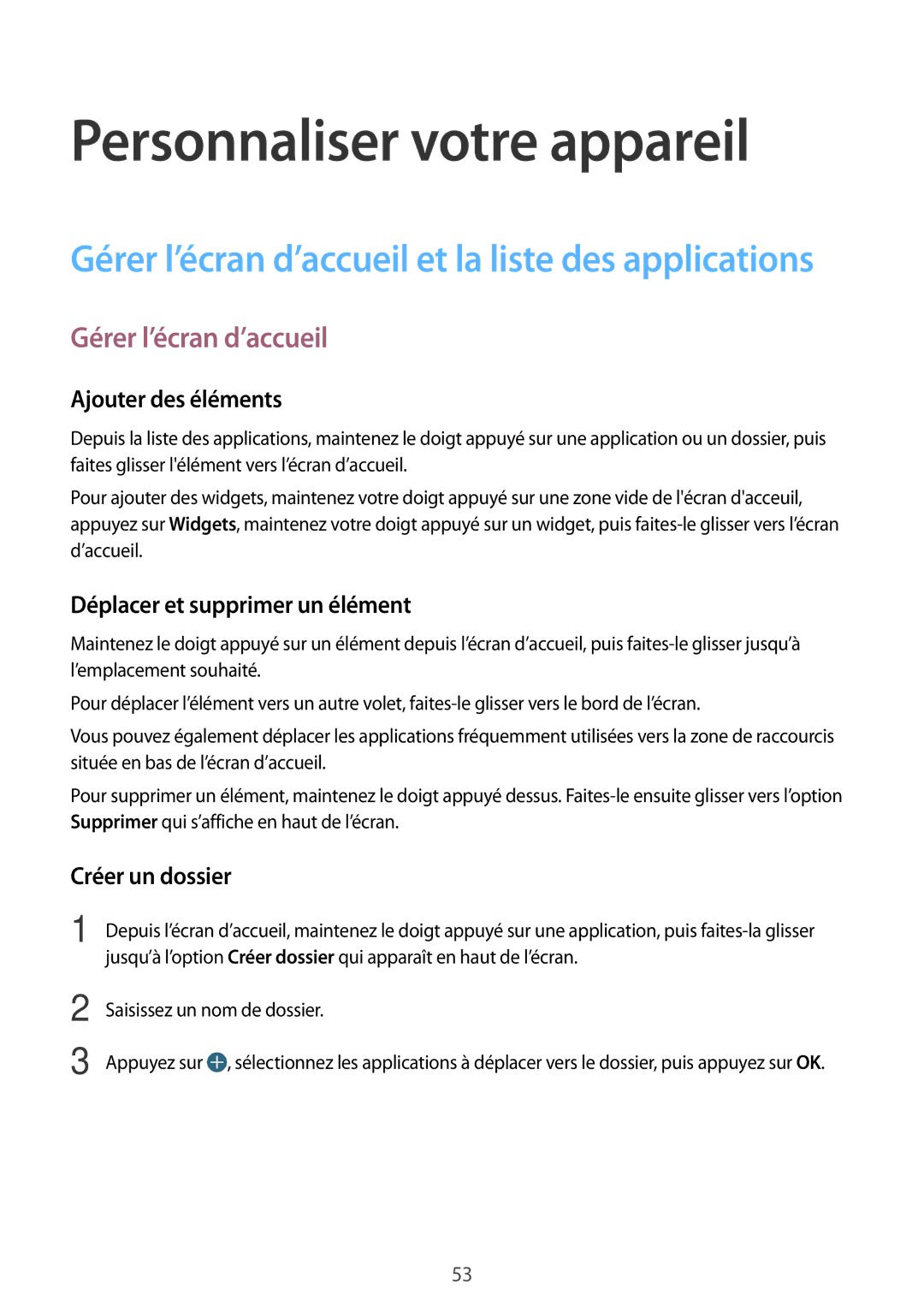 Samsung SM-G870FDGAFTM manual Personnaliser votre appareil, Gérer l’écran d’accueil, Ajouter des éléments, Créer un dossier 