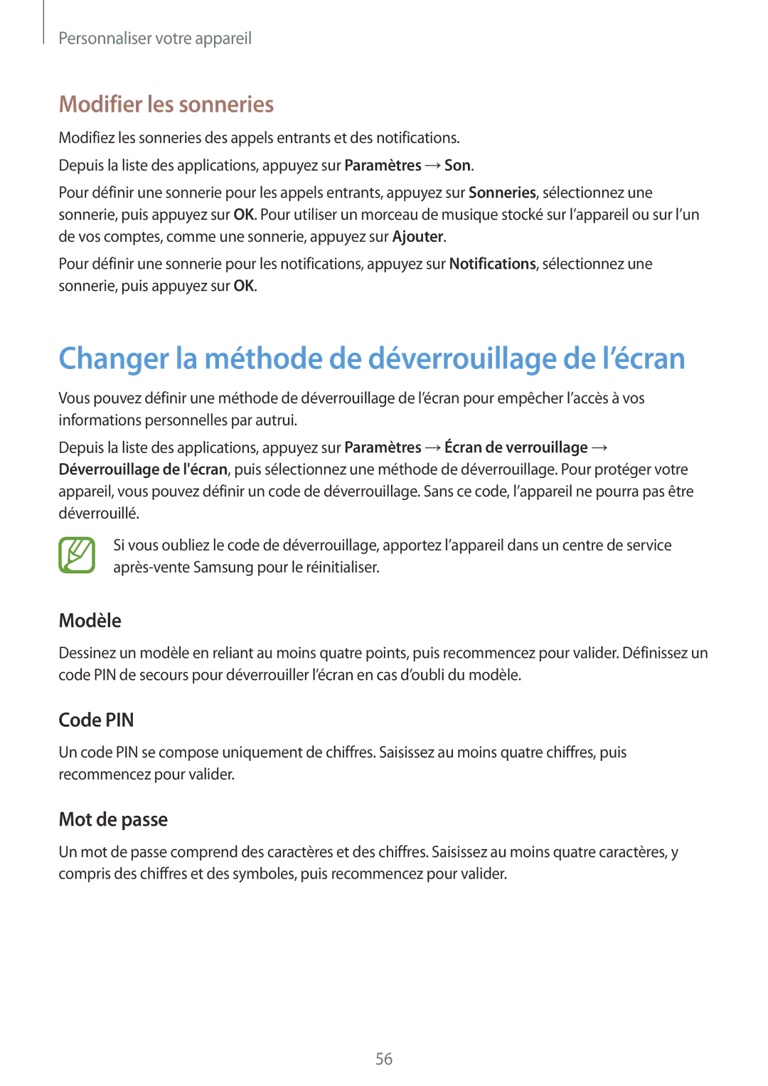 Samsung SM-G870FDGAFTM manual Modifier les sonneries, Modèle, Code PIN, Mot de passe 