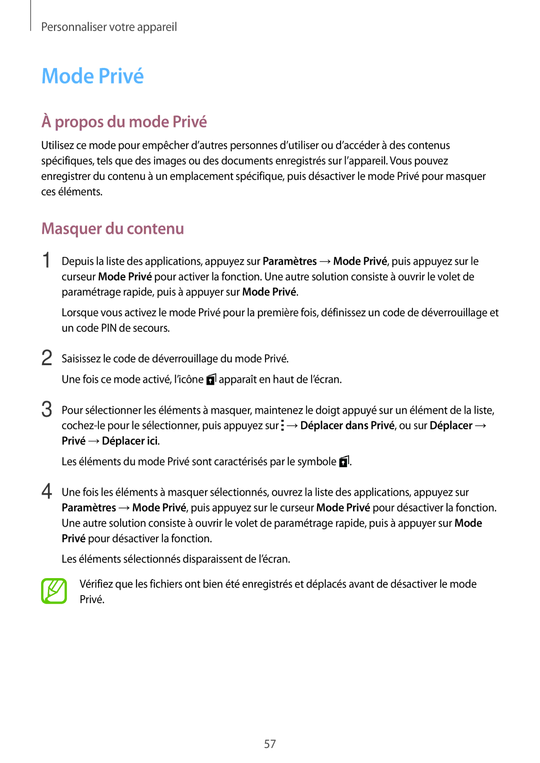 Samsung SM-G870FDGAFTM manual Mode Privé, Propos du mode Privé, Masquer du contenu 