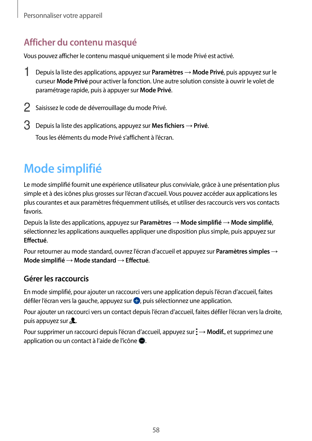 Samsung SM-G870FDGAFTM manual Mode simplifié, Afficher du contenu masqué, Gérer les raccourcis 