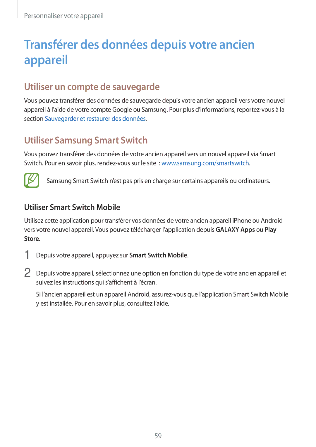 Samsung SM-G870FDGAFTM manual Transférer des données depuis votre ancien appareil, Utiliser un compte de sauvegarde 