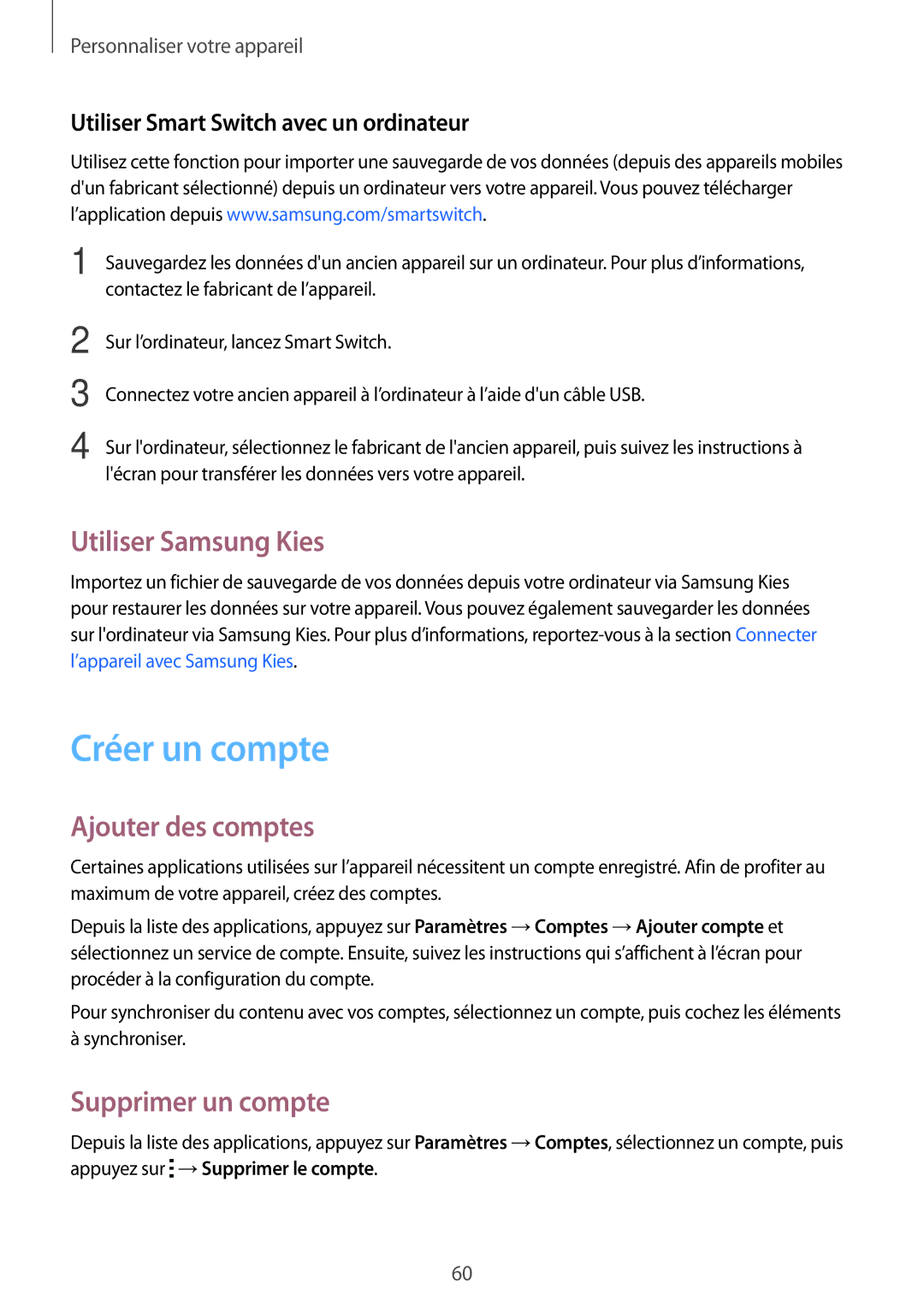 Samsung SM-G870FDGAFTM manual Créer un compte, Utiliser Samsung Kies, Ajouter des comptes, Supprimer un compte 