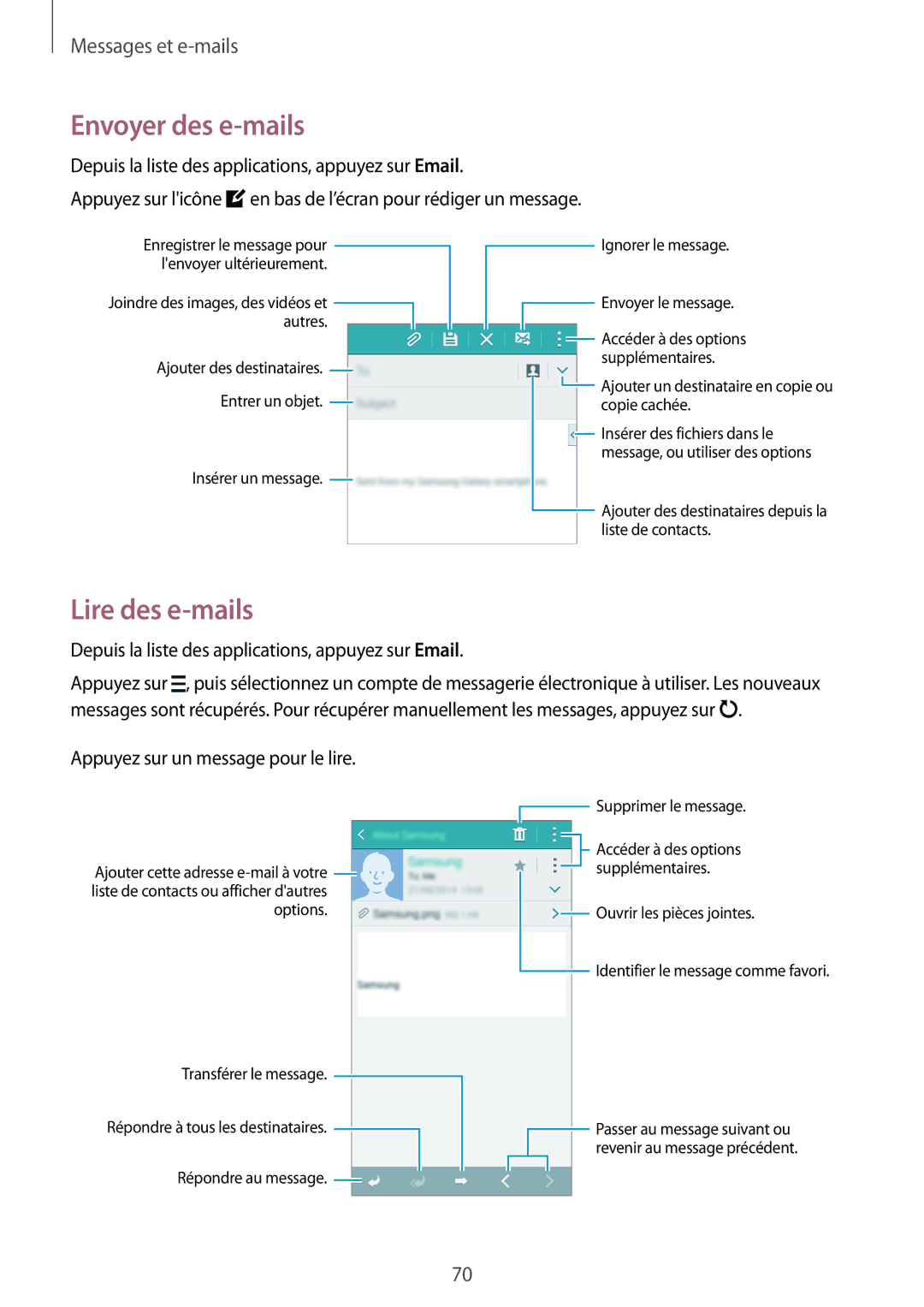 Samsung SM-G870FDGAFTM manual Envoyer des e-mails, Lire des e-mails 