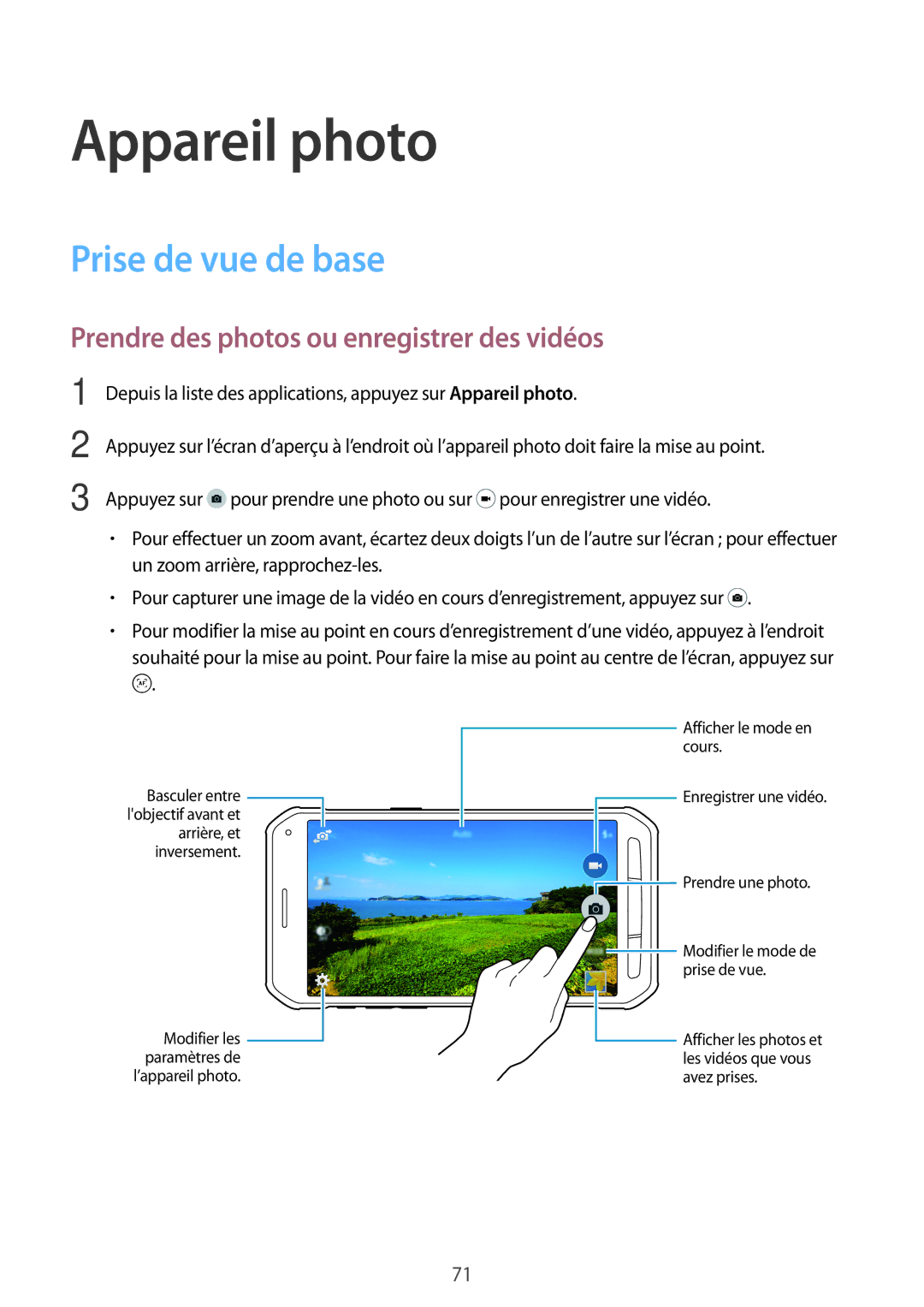 Samsung SM-G870FDGAFTM manual Appareil photo, Prise de vue de base, Prendre des photos ou enregistrer des vidéos 