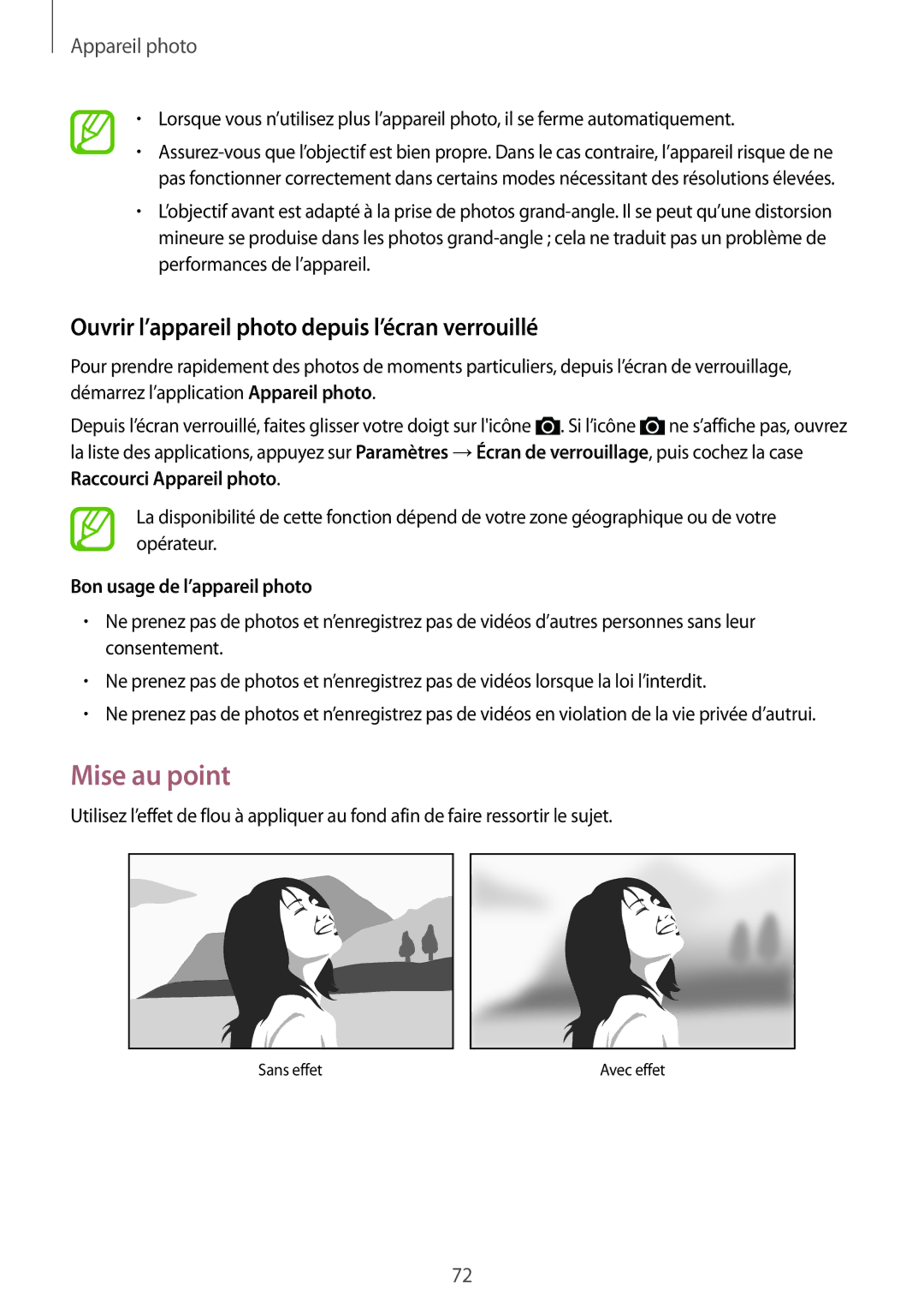 Samsung SM-G870FDGAFTM Mise au point, Ouvrir l’appareil photo depuis l’écran verrouillé, Bon usage de l’appareil photo 