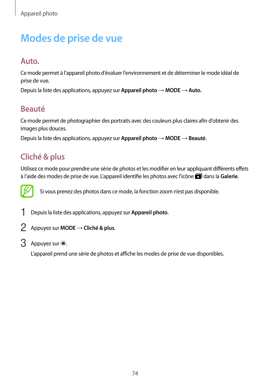Samsung SM-G870FDGAFTM manual Modes de prise de vue, Auto, Beauté, Appuyez sur Mode →Cliché & plus 