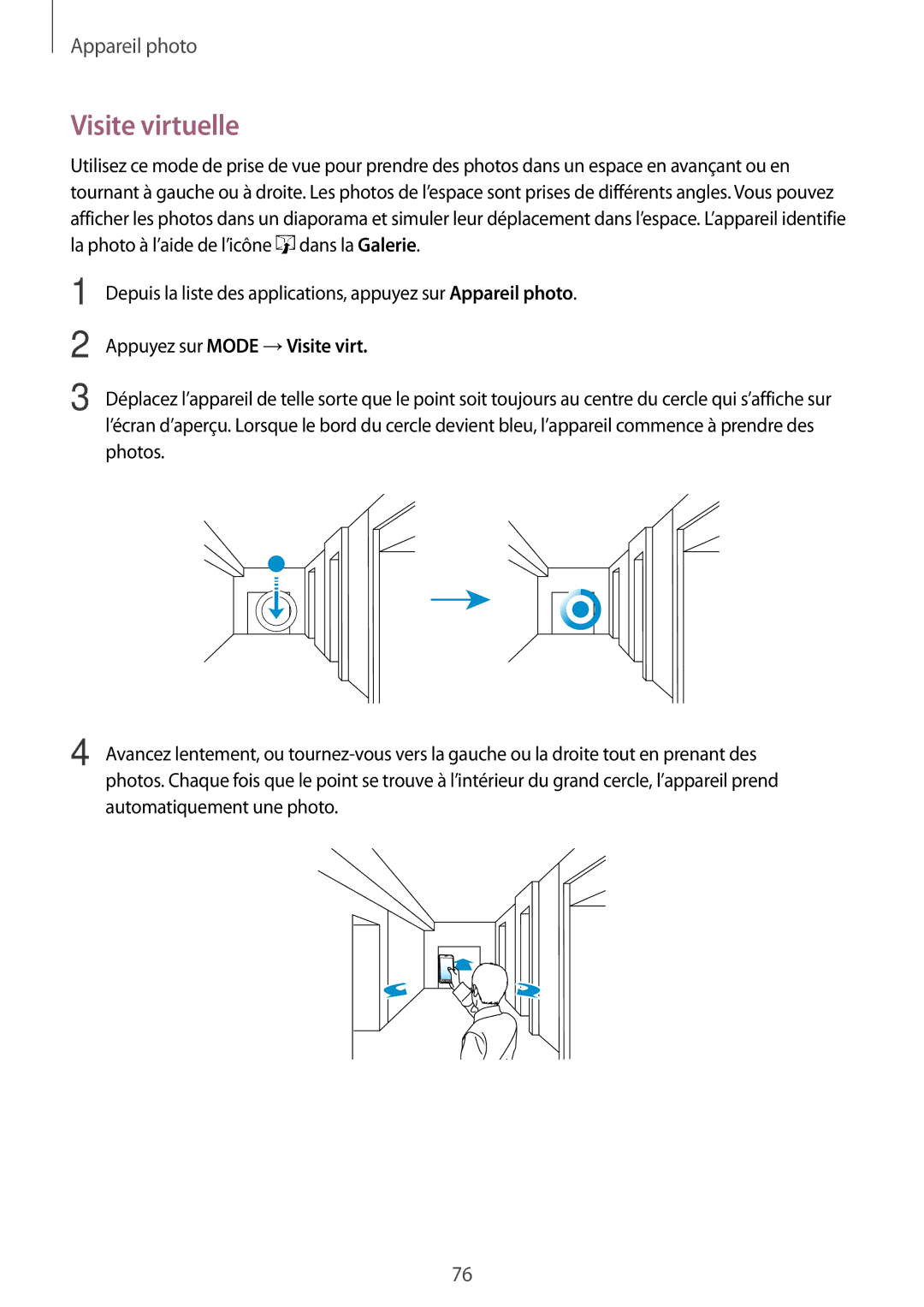 Samsung SM-G870FDGAFTM manual Visite virtuelle, Appuyez sur Mode →Visite virt 