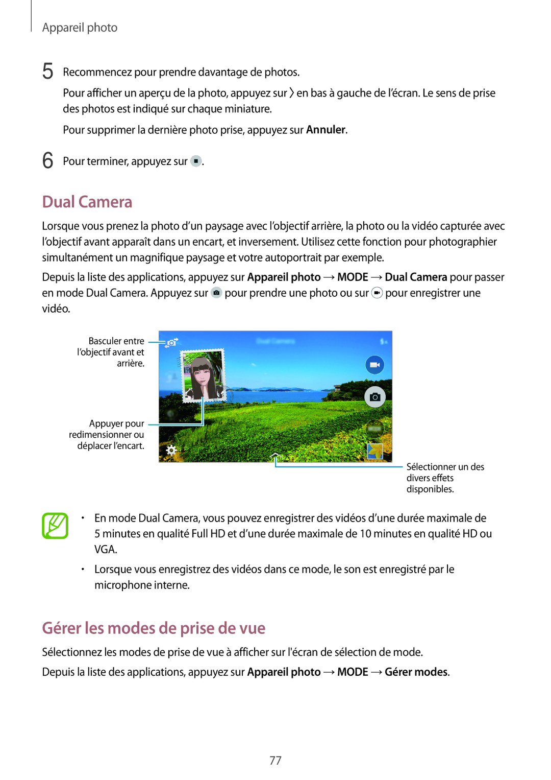 Samsung SM-G870FDGAFTM manual Dual Camera, Gérer les modes de prise de vue 