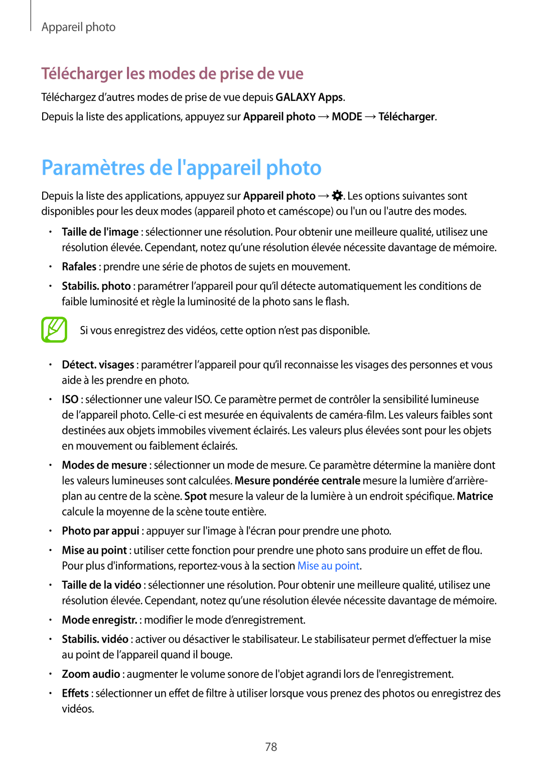 Samsung SM-G870FDGAFTM manual Paramètres de lappareil photo, Télécharger les modes de prise de vue 