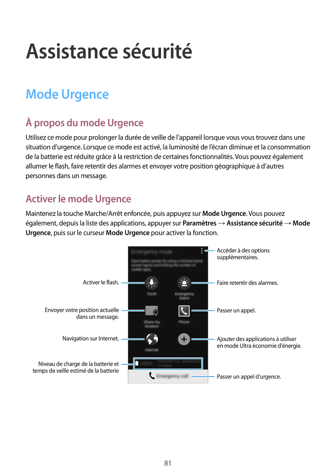 Samsung SM-G870FDGAFTM manual Assistance sécurité, Mode Urgence, Propos du mode Urgence, Activer le mode Urgence 