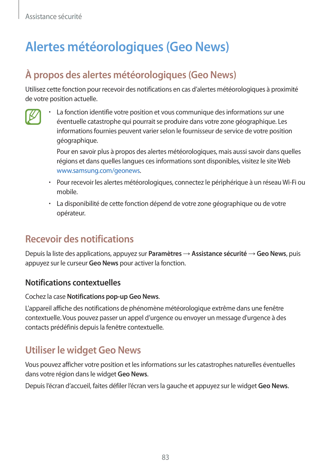 Samsung SM-G870FDGAFTM manual Alertes météorologiques Geo News, Propos des alertes météorologiques Geo News 