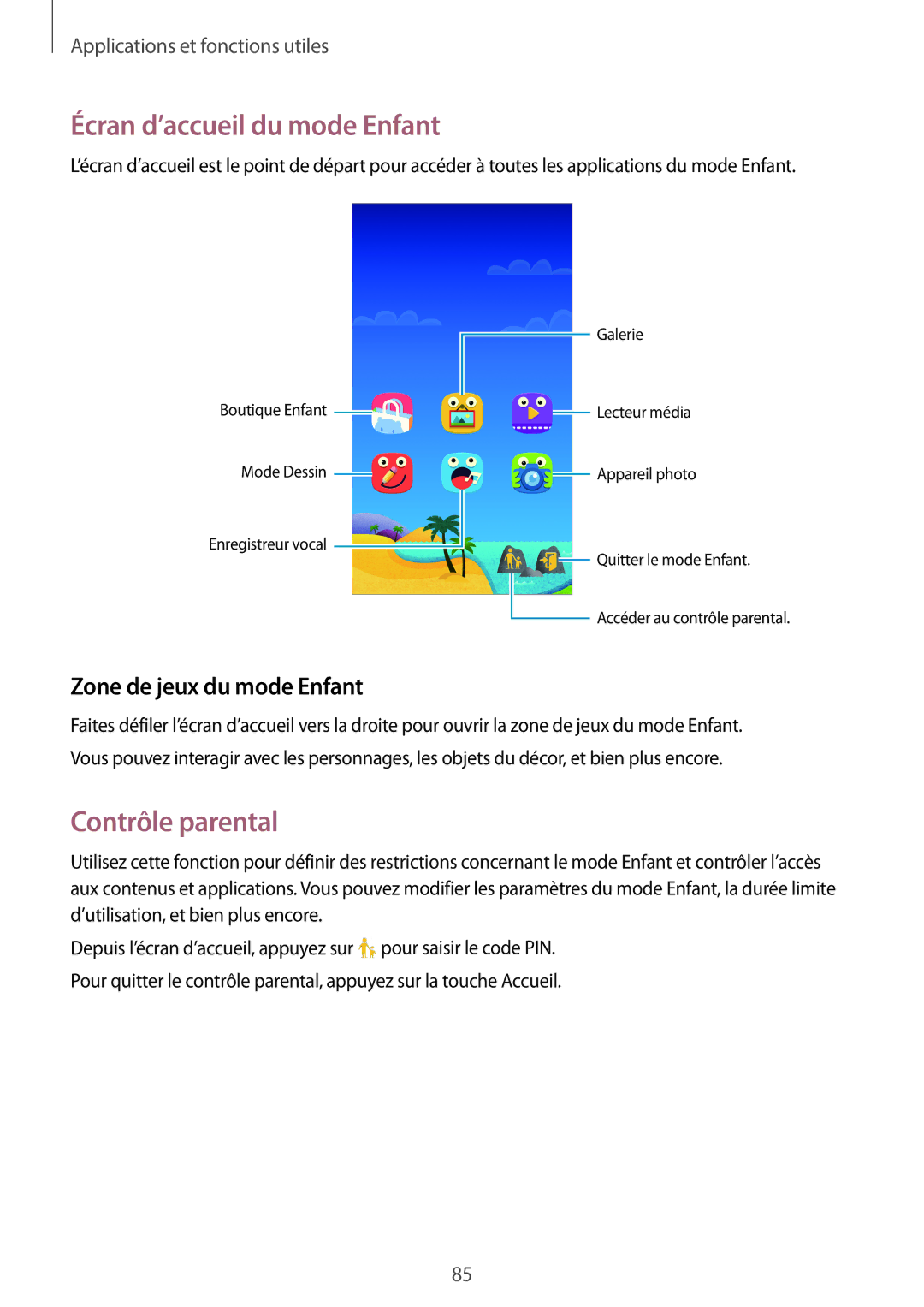 Samsung SM-G870FDGAFTM manual Écran d’accueil du mode Enfant, Contrôle parental, Zone de jeux du mode Enfant 