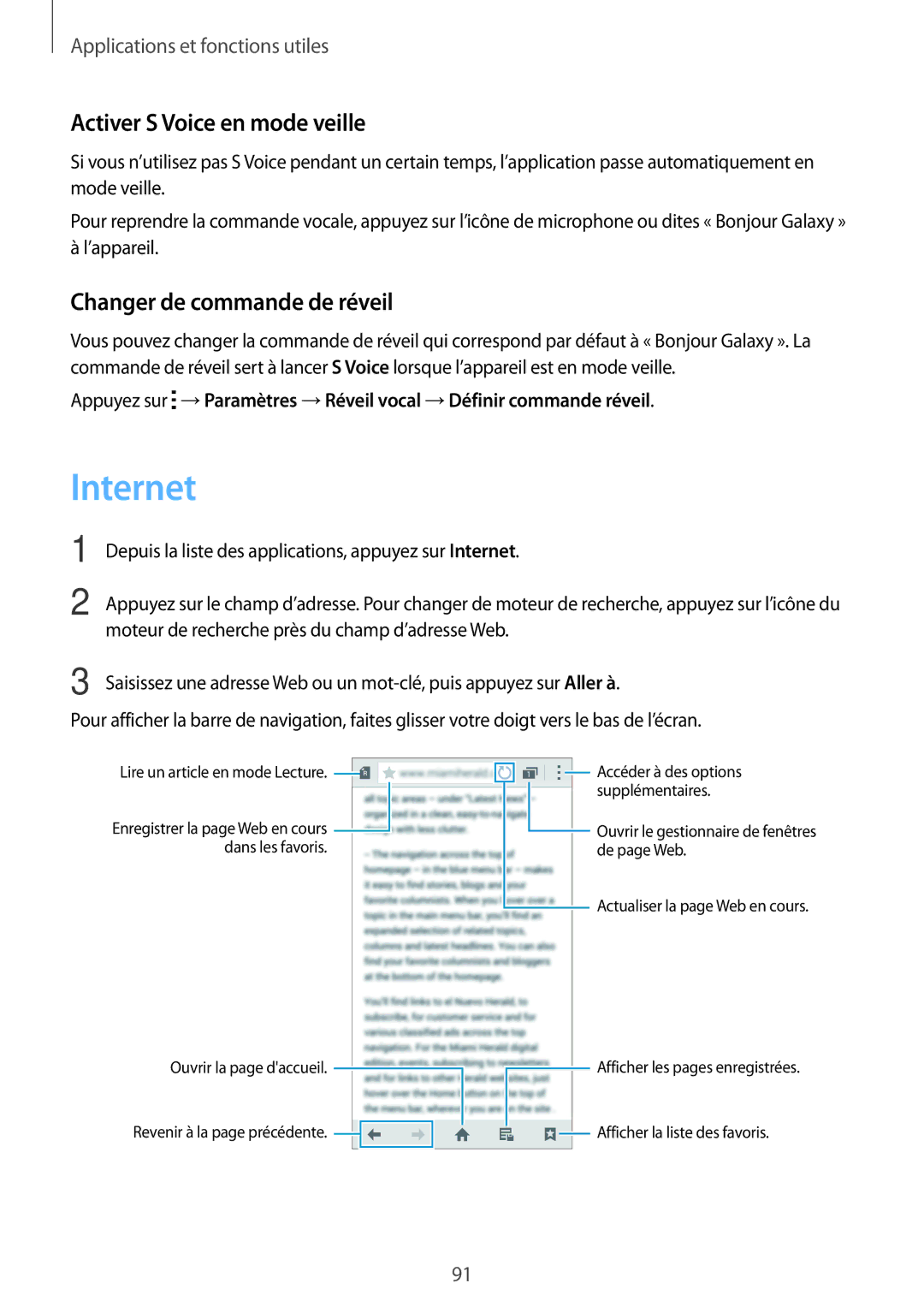 Samsung SM-G870FDGAFTM manual Internet, Activer S Voice en mode veille, Changer de commande de réveil 