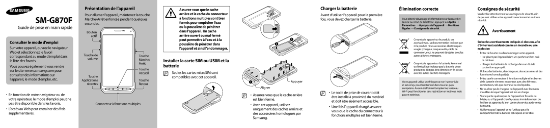 Samsung SM-G870FDGAFTM manual Présentation de l’appareil, Installer la carte SIM ou Usim et la batterie 