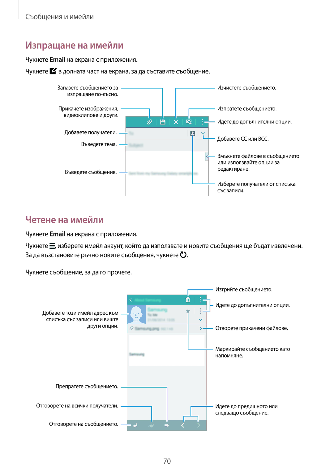 Samsung SM-G870FTSABGL, SM-G870FDGABGL manual Изпращане на имейли, Четене на имейли 