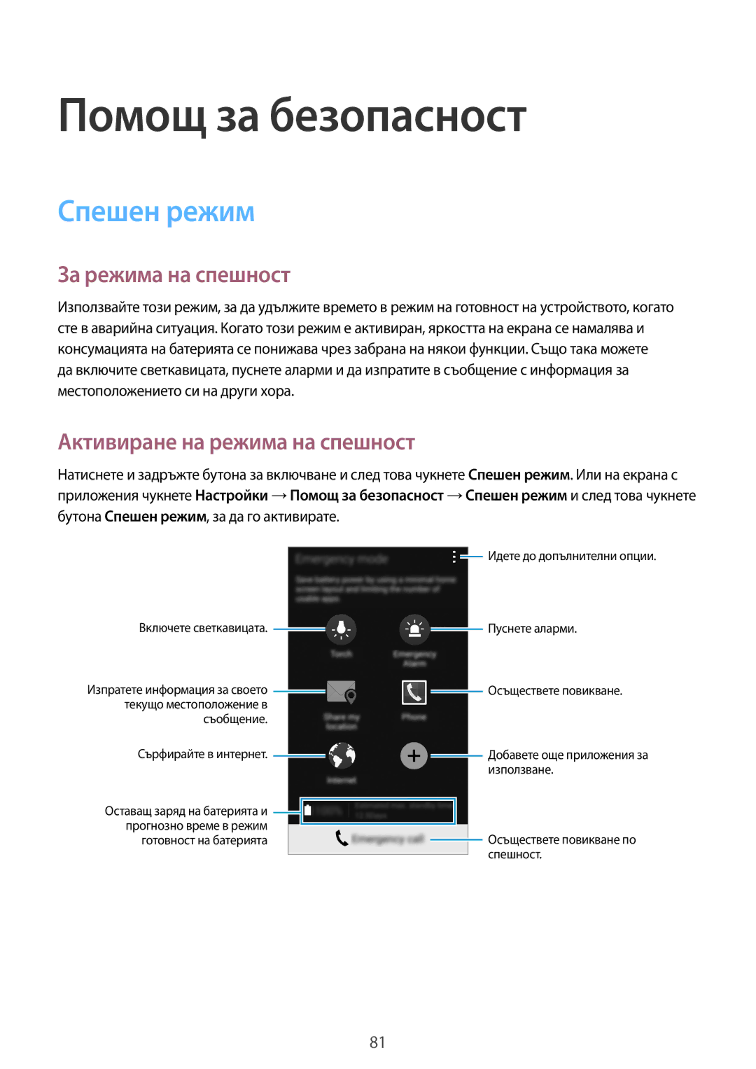 Samsung SM-G870FDGABGL manual Помощ за безопасност, Спешен режим, За режима на спешност, Активиране на режима на спешност 