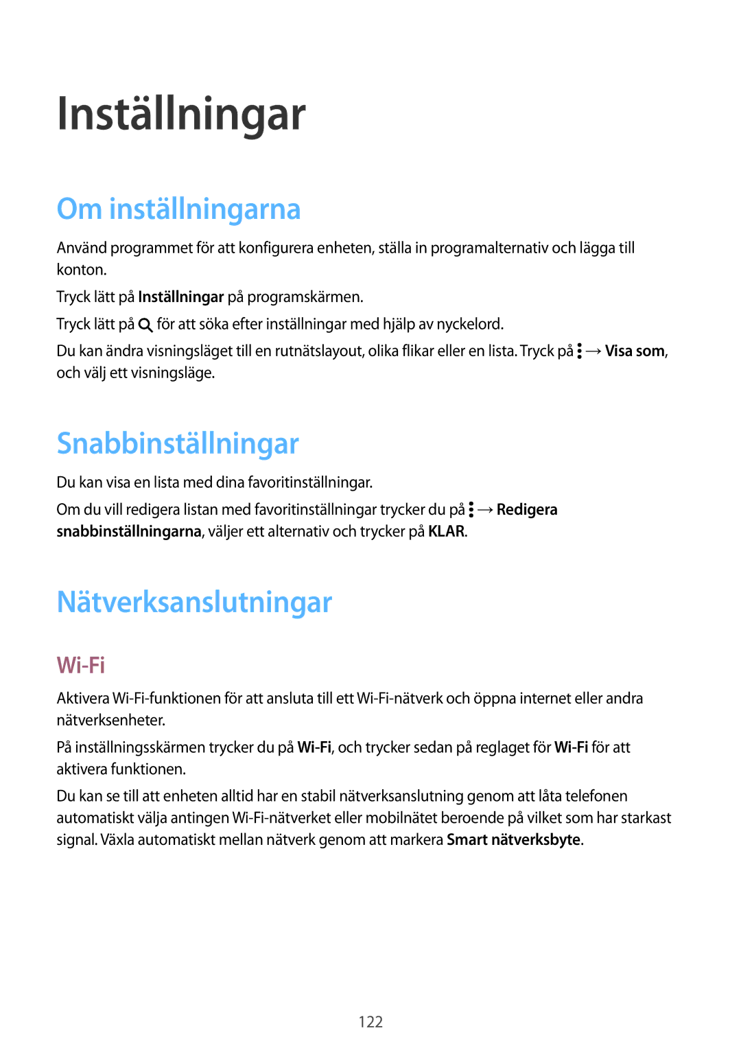 Samsung SM-G870FDGANEE, SM-G870FTSANEE Inställningar, Om inställningarna, Snabbinställningar, Nätverksanslutningar, Wi-Fi 