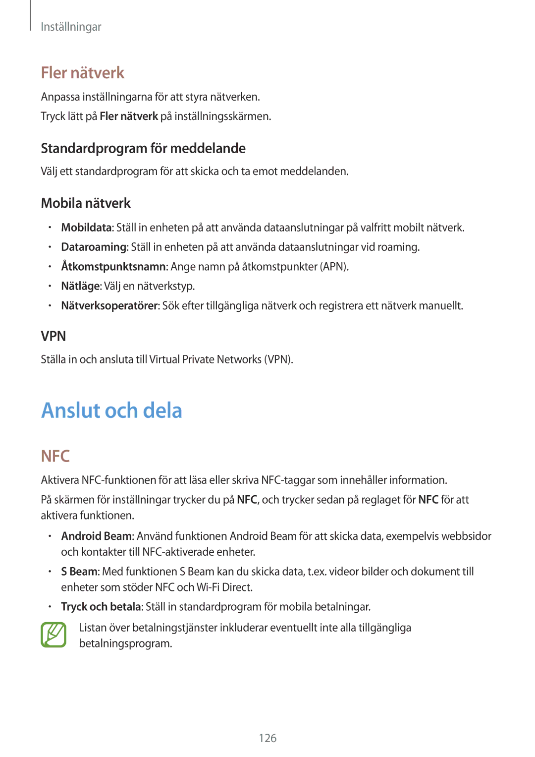 Samsung SM-G870FTSANEE, SM-G870FTSATEN manual Anslut och dela, Fler nätverk, Standardprogram för meddelande, Mobila nätverk 