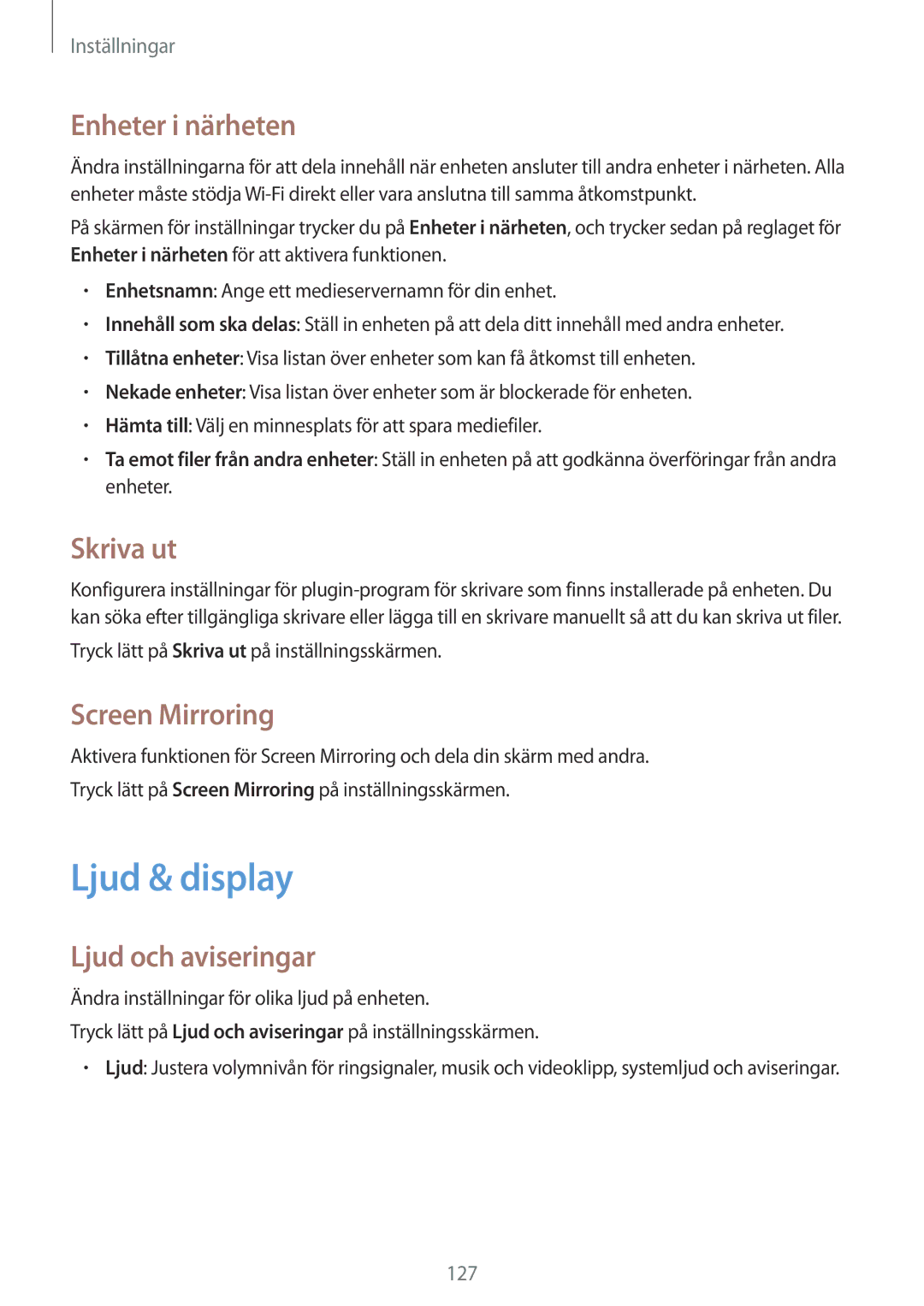 Samsung SM-G870FTSATEN manual Ljud & display, Enheter i närheten, Skriva ut, Screen Mirroring, Ljud och aviseringar 