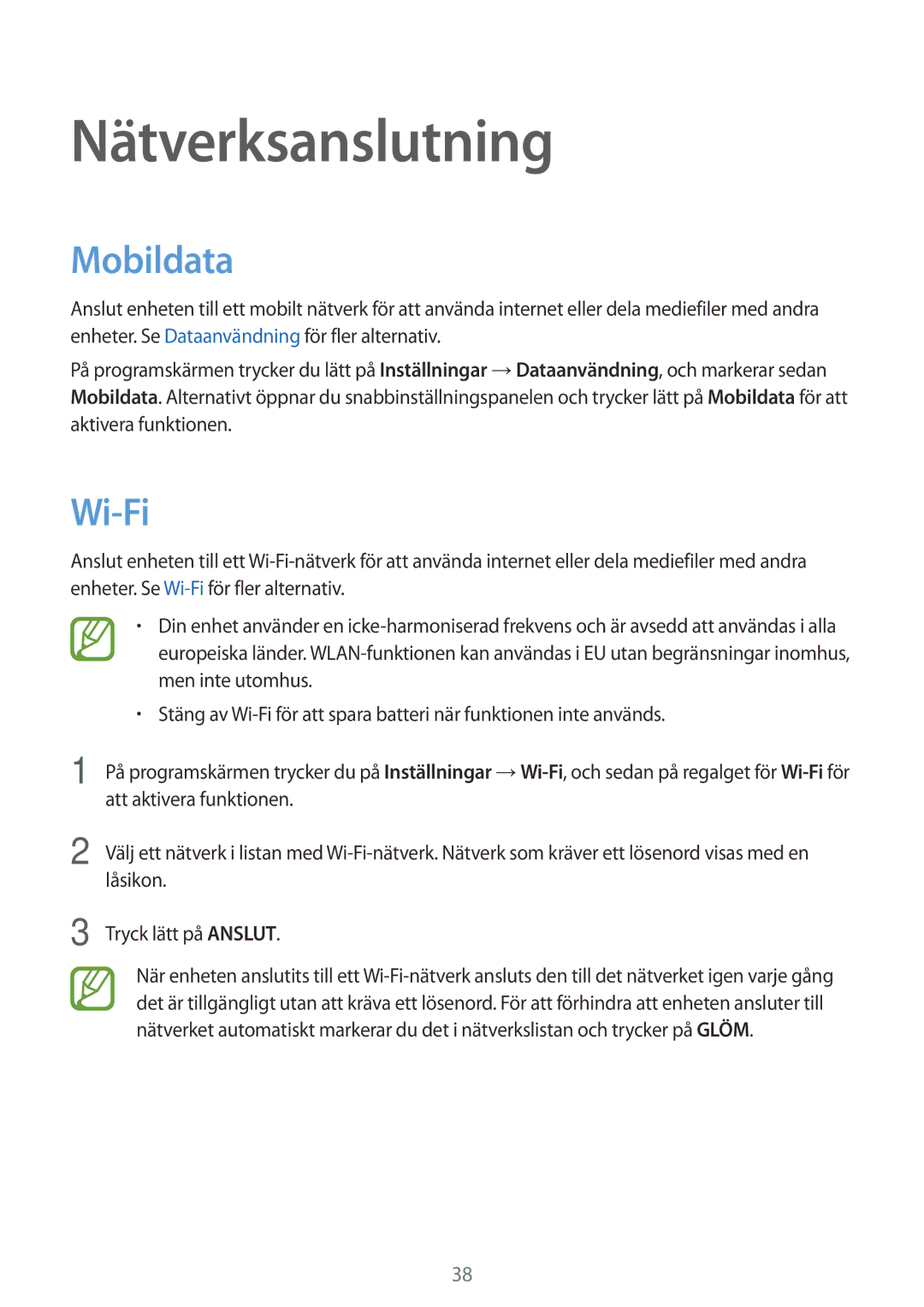 Samsung SM-G870FDGANEE, SM-G870FTSANEE, SM-G870FTSATEN manual Nätverksanslutning, Mobildata, Wi-Fi 