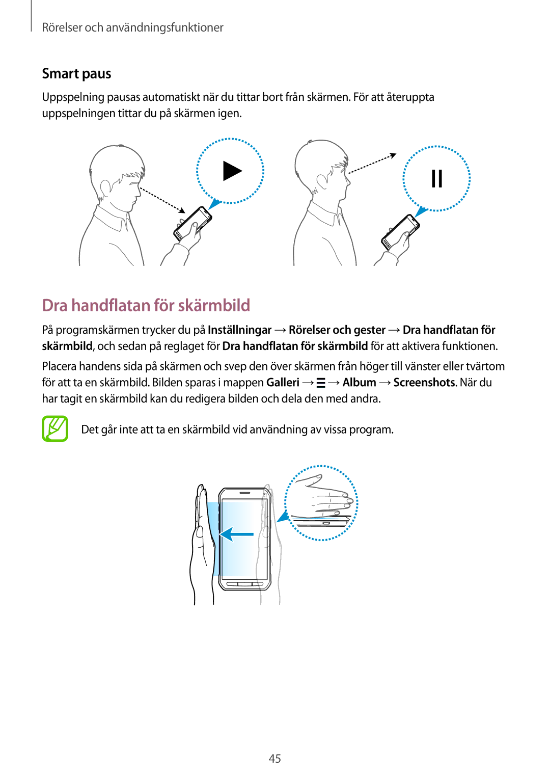 Samsung SM-G870FTSANEE, SM-G870FTSATEN, SM-G870FDGANEE manual Dra handflatan för skärmbild, Smart paus 