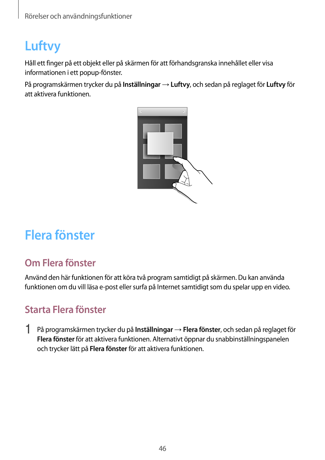 Samsung SM-G870FTSATEN, SM-G870FTSANEE, SM-G870FDGANEE manual Luftvy, Om Flera fönster, Starta Flera fönster 