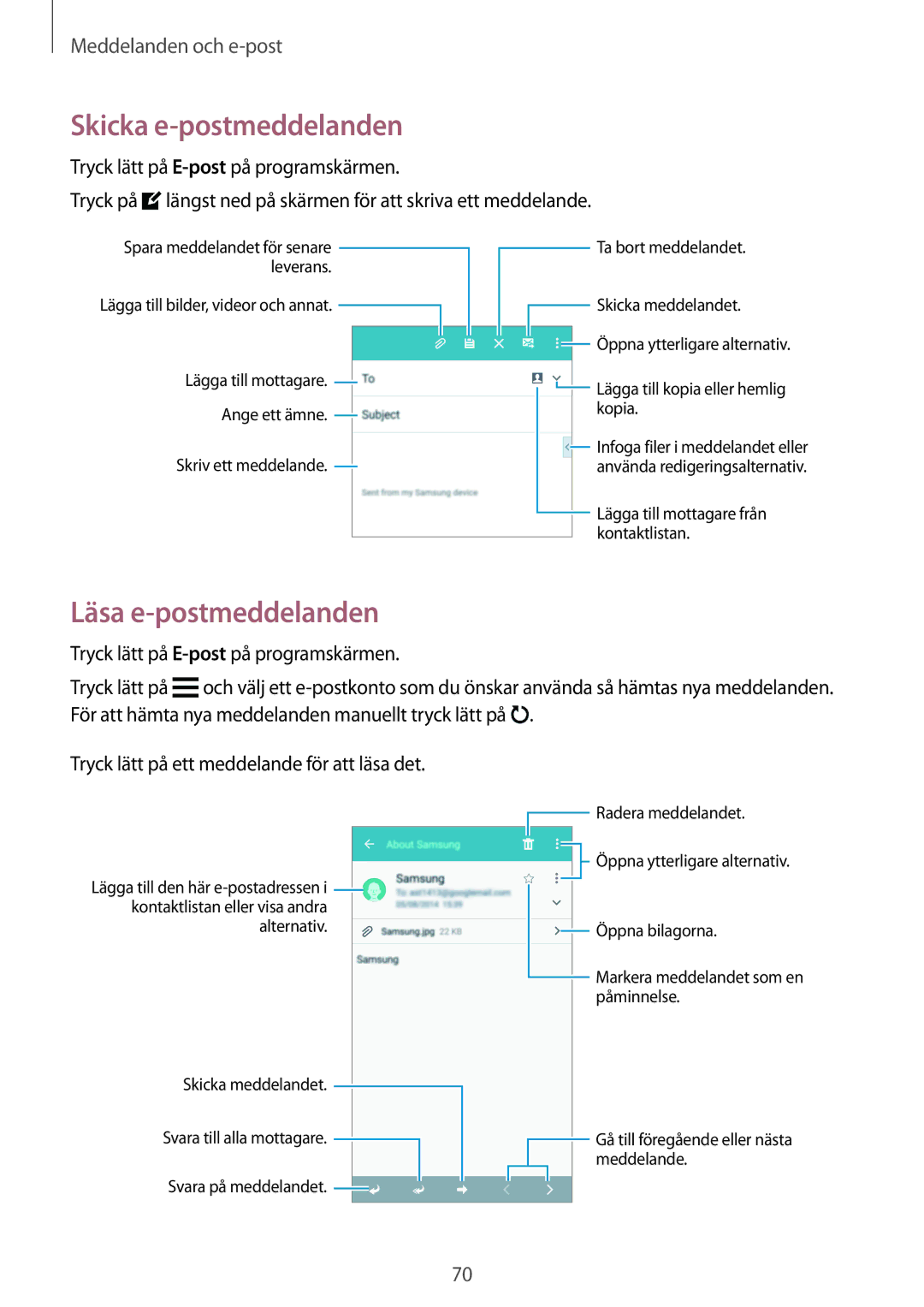 Samsung SM-G870FTSATEN, SM-G870FTSANEE, SM-G870FDGANEE manual Skicka e-postmeddelanden, Läsa e-postmeddelanden 