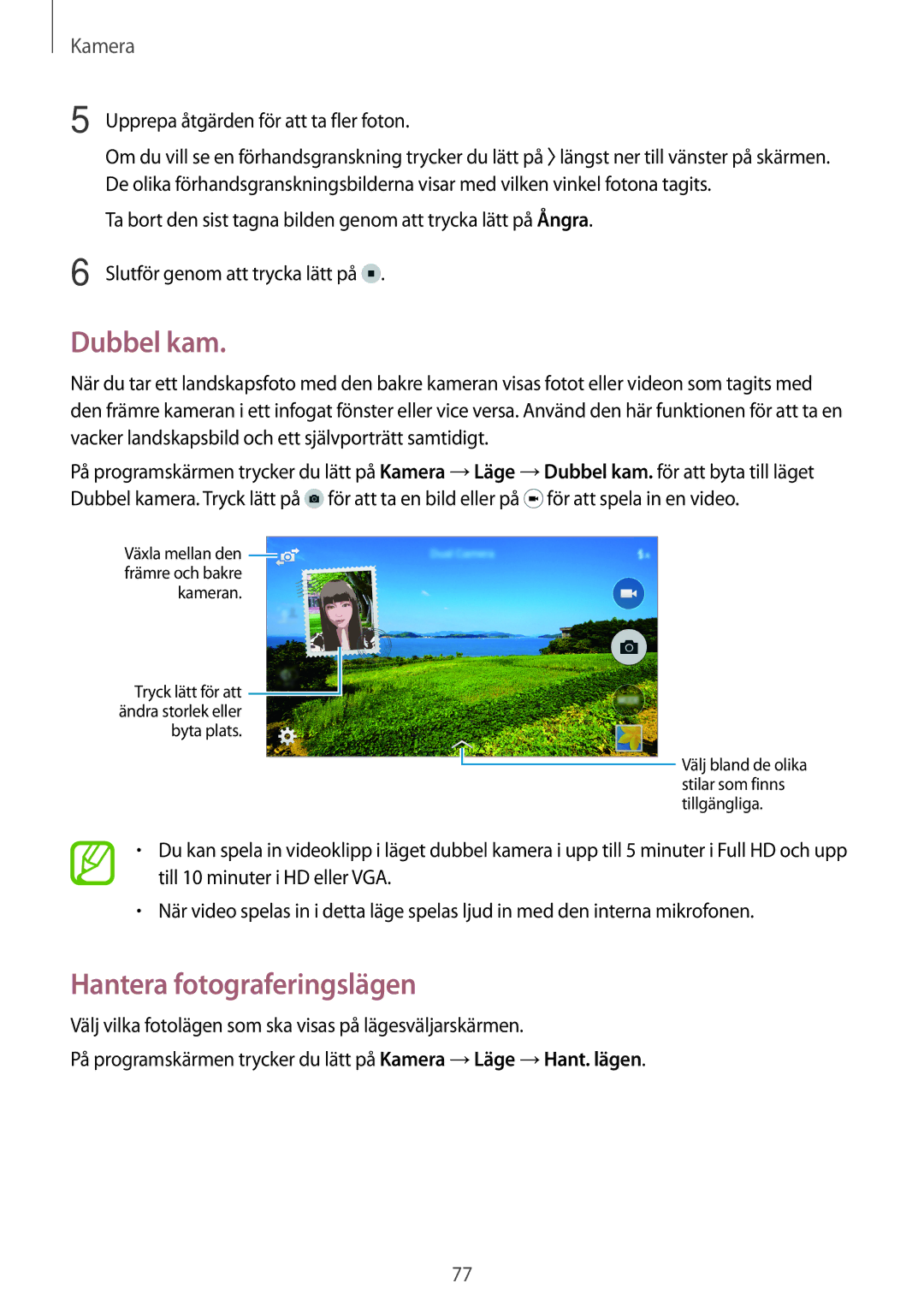 Samsung SM-G870FDGANEE, SM-G870FTSANEE, SM-G870FTSATEN manual Dubbel kam, Hantera fotograferingslägen 