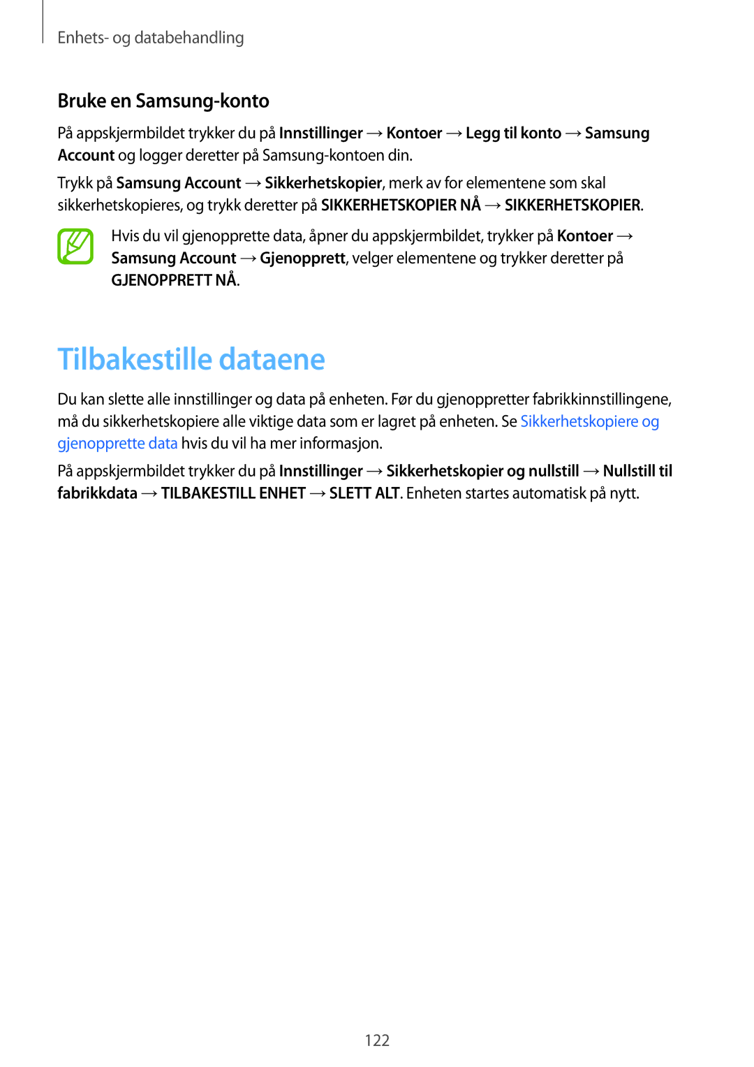 Samsung SM-G870FDGANEE, SM-G870FTSANEE, SM-G870FTSATEN manual Tilbakestille dataene, Bruke en Samsung-konto 