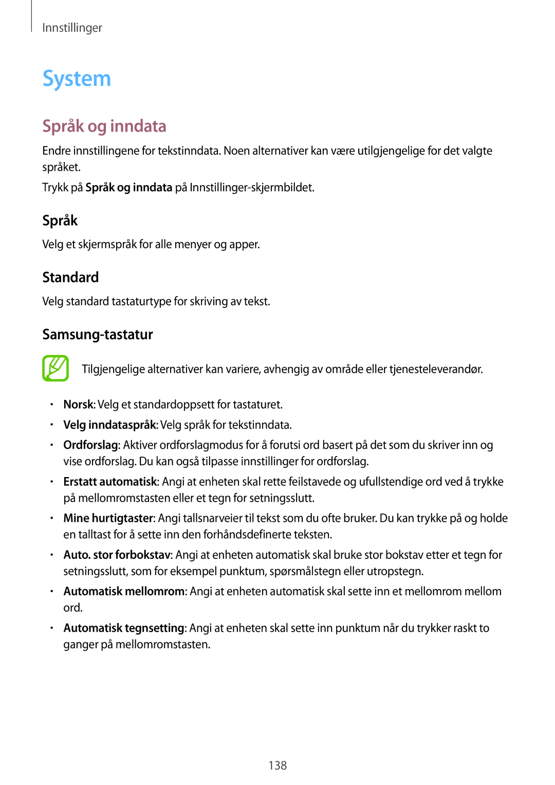 Samsung SM-G870FTSANEE, SM-G870FTSATEN, SM-G870FDGANEE manual System, Språk og inndata, Standard, Samsung-tastatur 