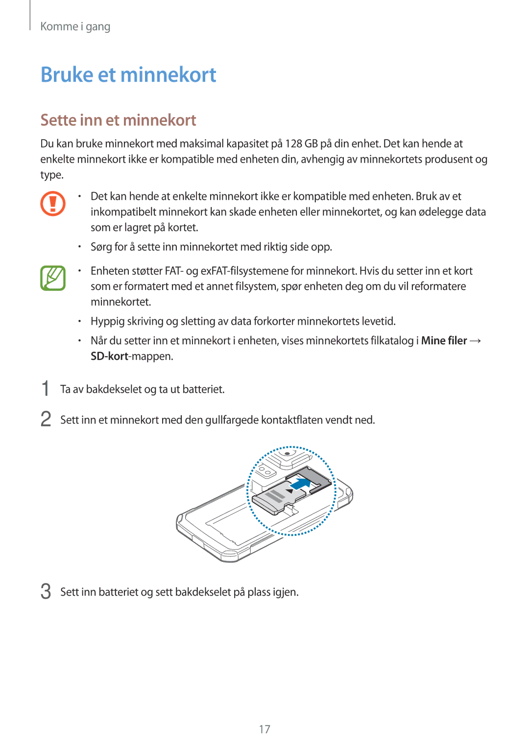 Samsung SM-G870FDGANEE, SM-G870FTSANEE, SM-G870FTSATEN manual Bruke et minnekort, Sette inn et minnekort 