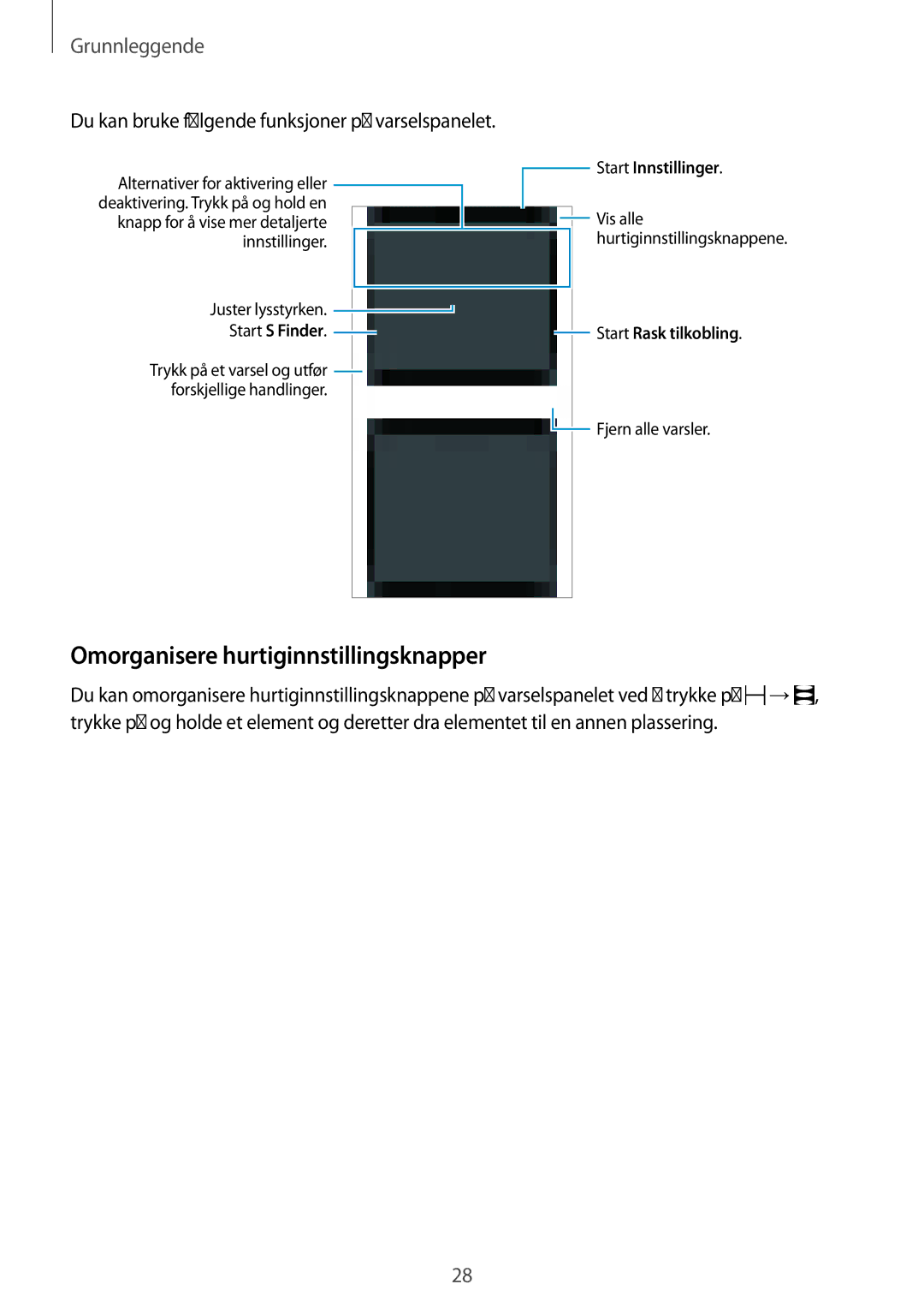 Samsung SM-G870FTSATEN manual Omorganisere hurtiginnstillingsknapper, Du kan bruke følgende funksjoner på varselspanelet 