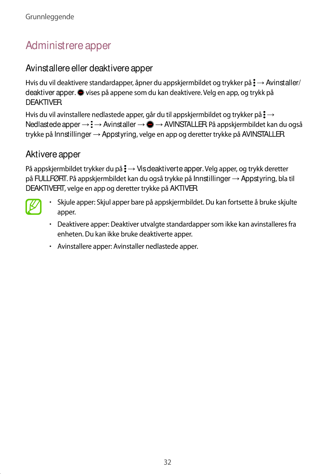 Samsung SM-G870FDGANEE, SM-G870FTSANEE manual Administrere apper, Avinstallere eller deaktivere apper, Aktivere apper 