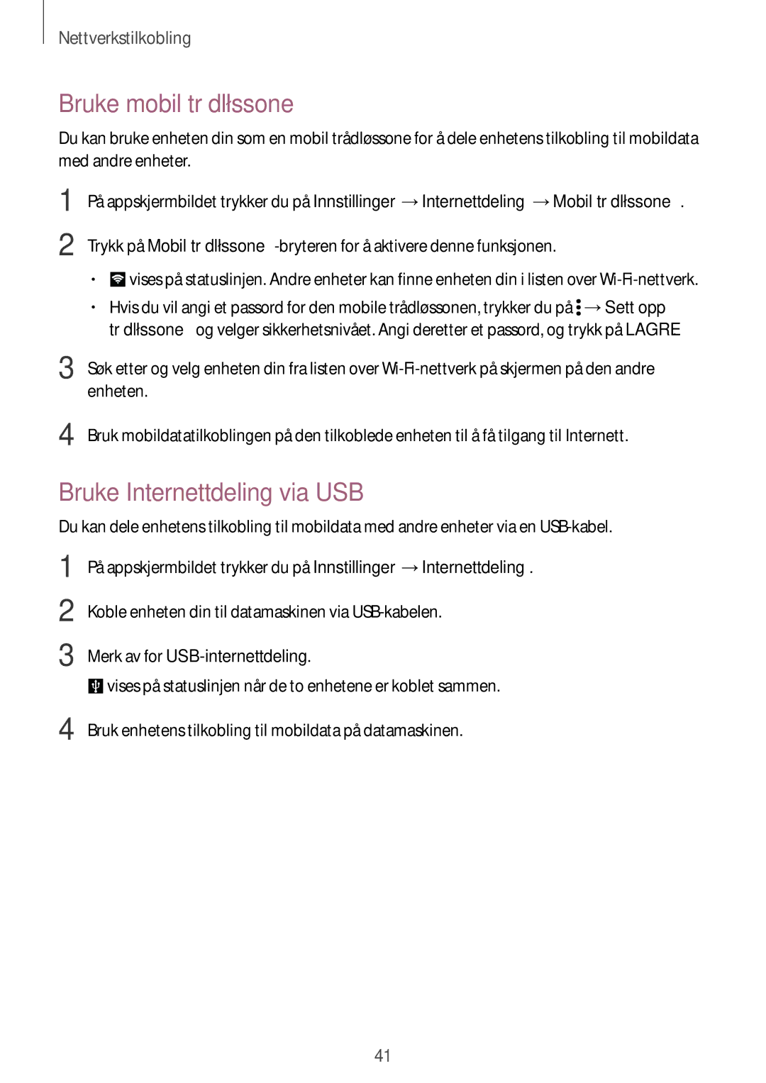 Samsung SM-G870FDGANEE manual Bruke mobil trådløssone, Bruke Internettdeling via USB, Merk av for USB-internettdeling 