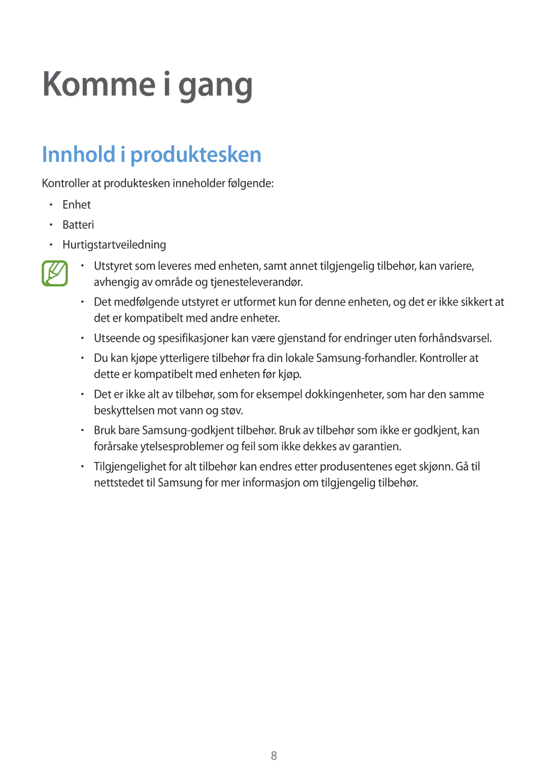 Samsung SM-G870FDGANEE, SM-G870FTSANEE, SM-G870FTSATEN manual Komme i gang, Innhold i produktesken 
