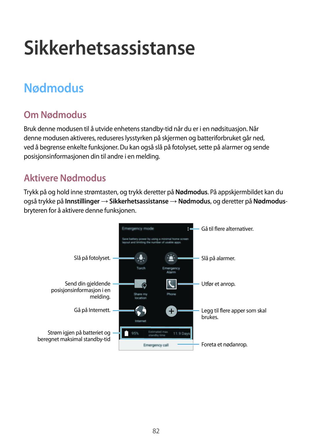 Samsung SM-G870FTSATEN, SM-G870FTSANEE, SM-G870FDGANEE manual Sikkerhetsassistanse, Om Nødmodus, Aktivere Nødmodus 