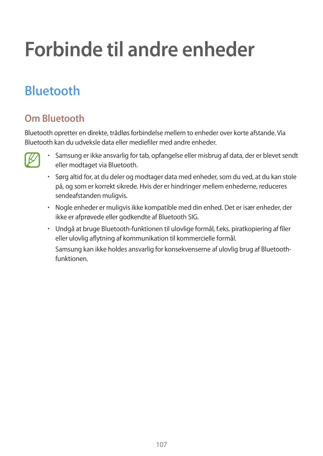 Samsung SM-G870FDGANEE, SM-G870FTSANEE, SM-G870FTSATEN manual Forbinde til andre enheder, Om Bluetooth 